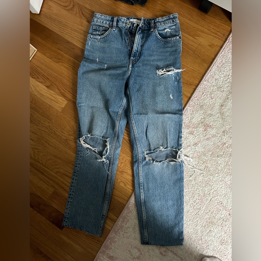 Zara straight distressed dark wash jeans